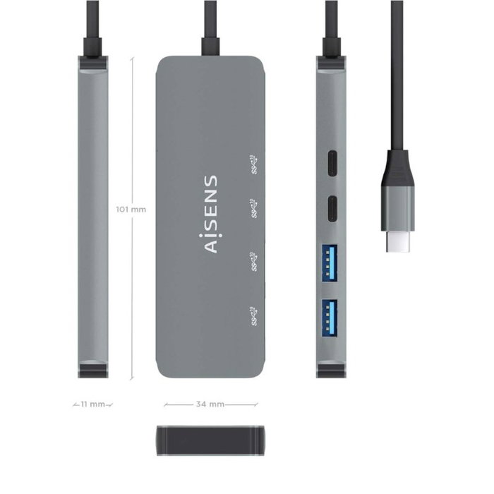 Aisens Hub USB 3.2 Gen2 10G USB-C con 2 puertos USB-C y 2 puertos USB-A, Gris